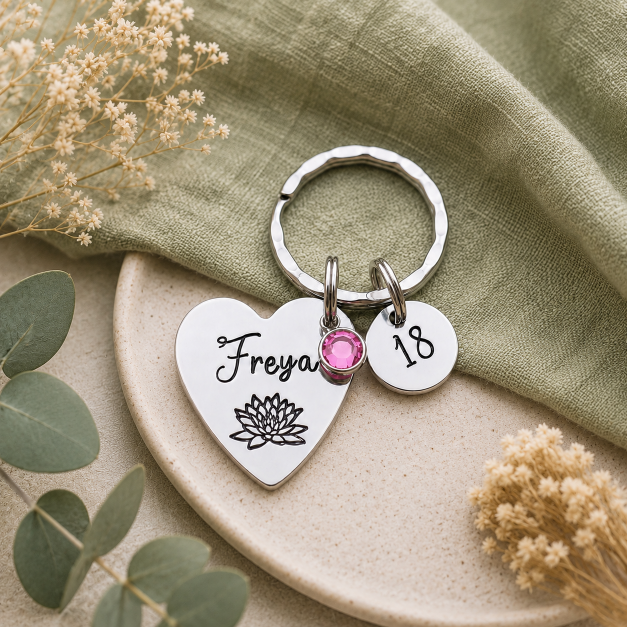 Personalised 18th Birthday Keyring, Birth Flower & Birthstone Gift