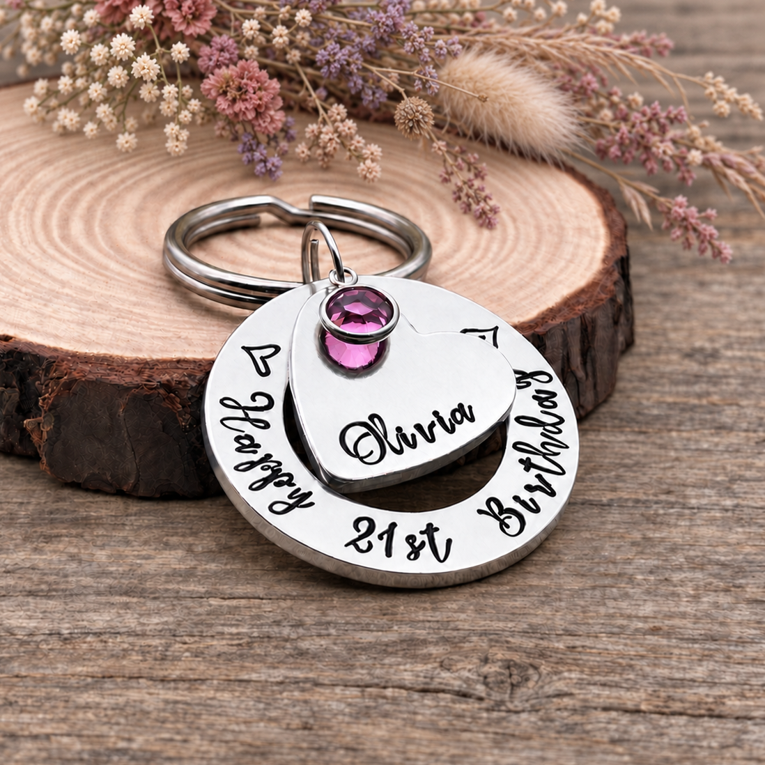 Girls 21st Birthday Gift, Personalised Keyring with Birthstone