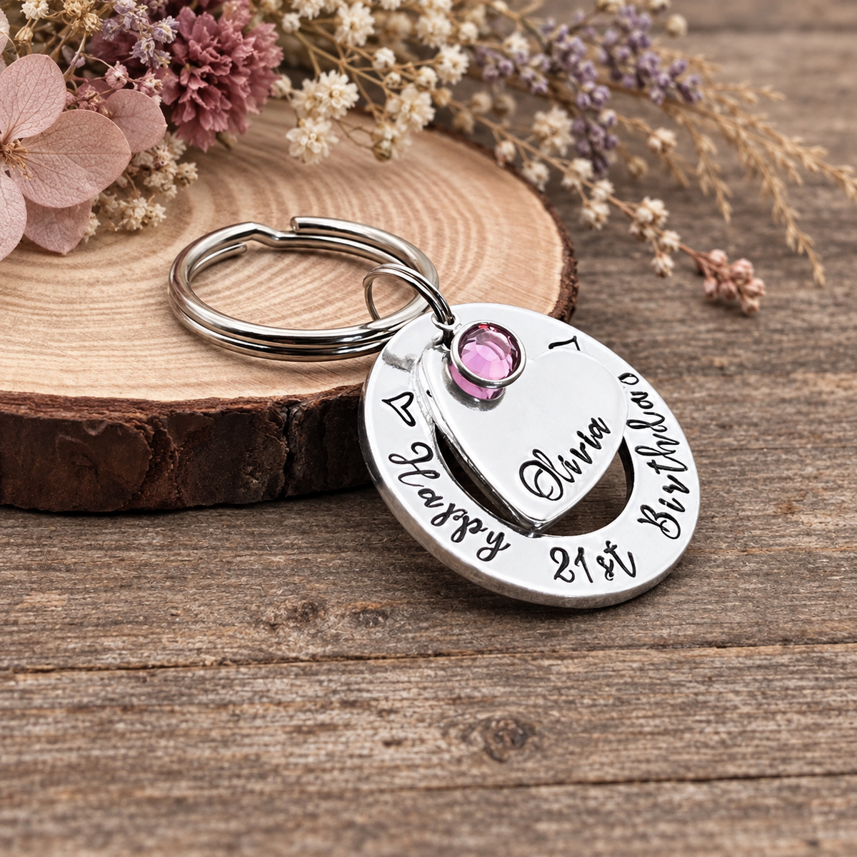 Girls 21st Birthday Gift, Personalised Keyring with Birthstone