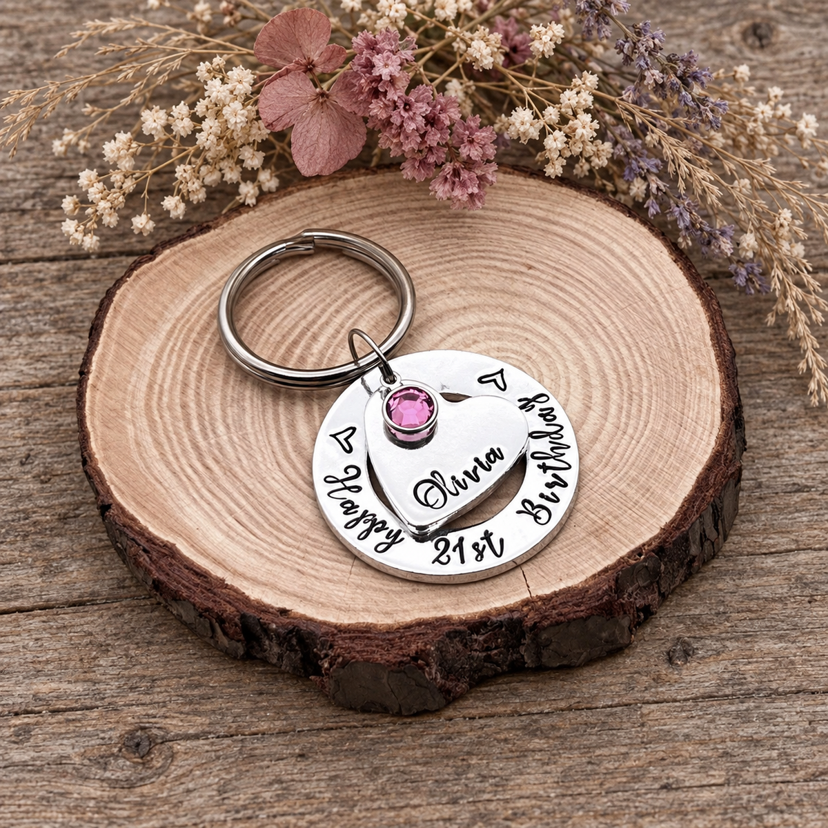 Girls 21st Birthday Gift, Personalised Keyring with Birthstone