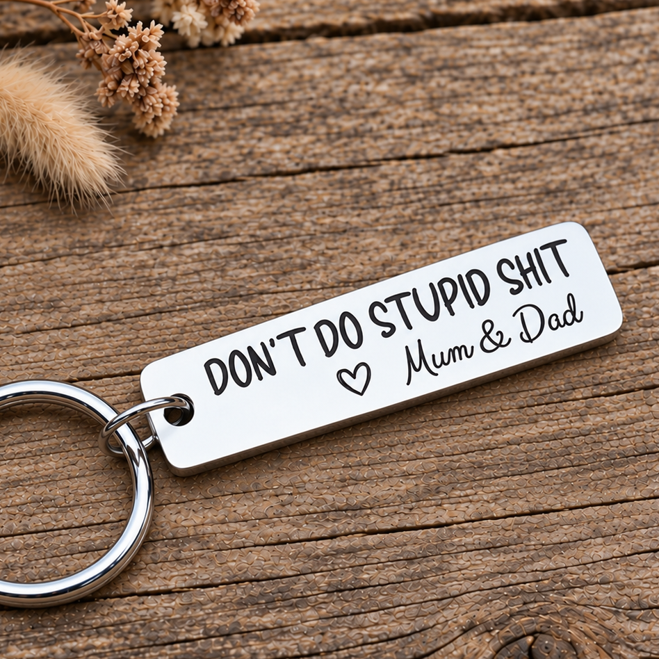 Stainless steel Don't Do Stupid Shit keyring engraved with Mum & Dad and a heart, displayed on rustic wood