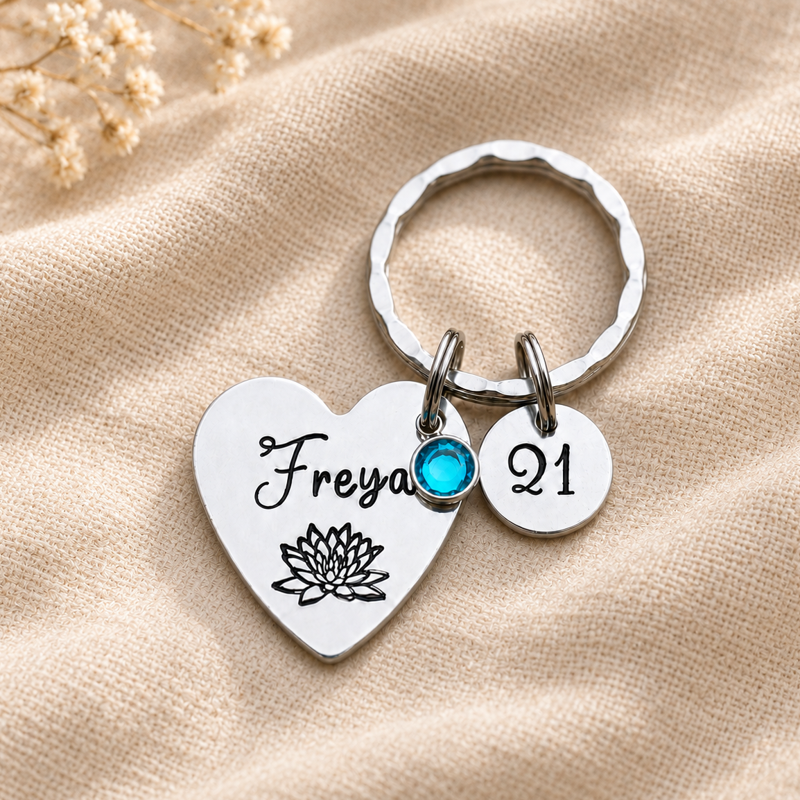Personalised 21st Birthday Keyring, Birth Flower & Birthstone Gift