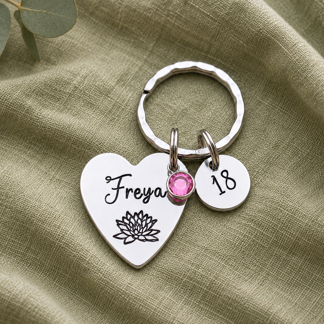 Personalised 18th Birthday Keyring, Birth Flower & Birthstone Gift
