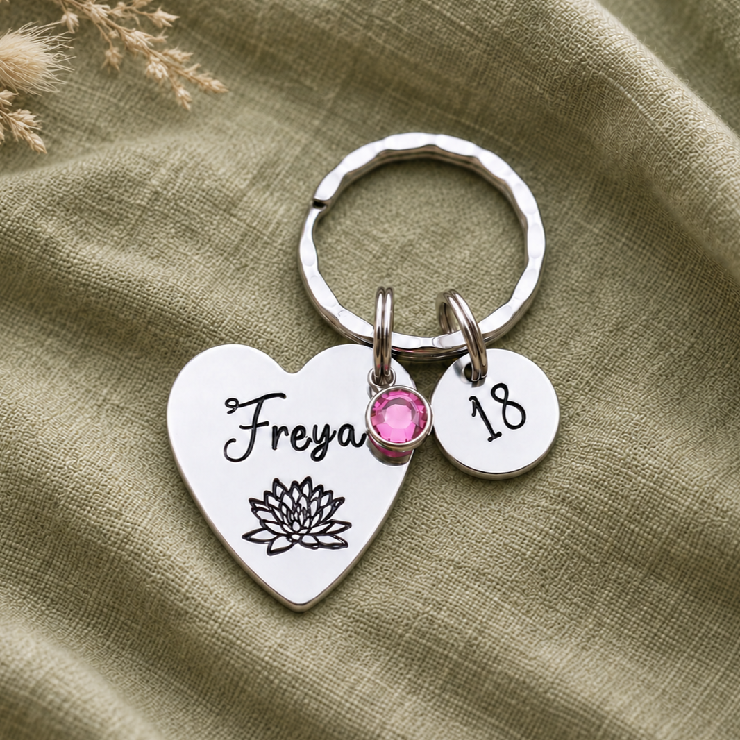 Personalised 18th Birthday Keyring, Birth Flower & Birthstone Gift