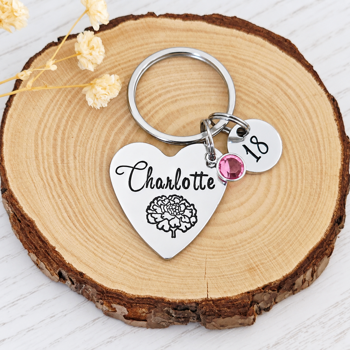 Personalised 18th Birthday Keyring with Birth Flower & Birthstone