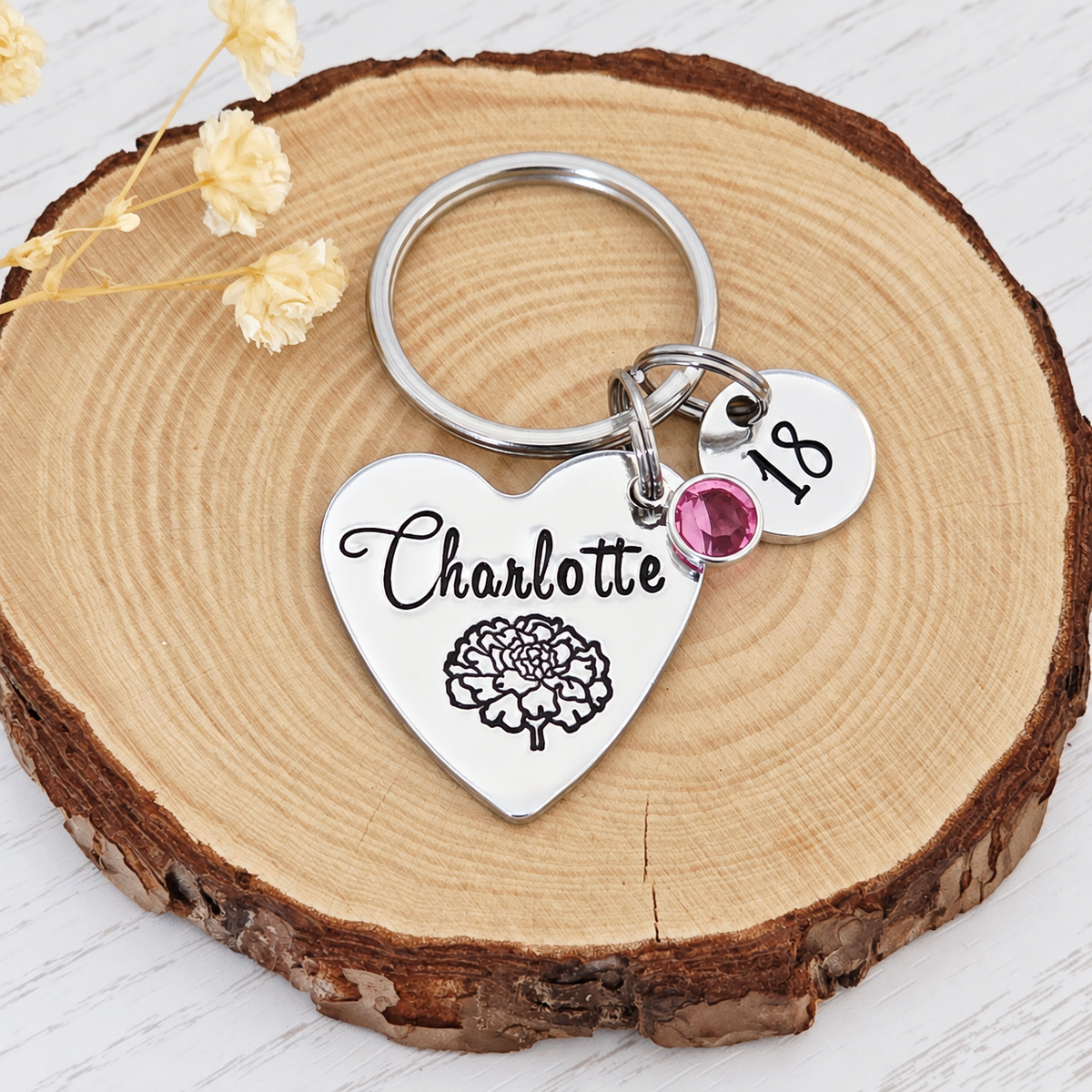 Personalised 18th Birthday Keyring with Birth Flower & Birthstone