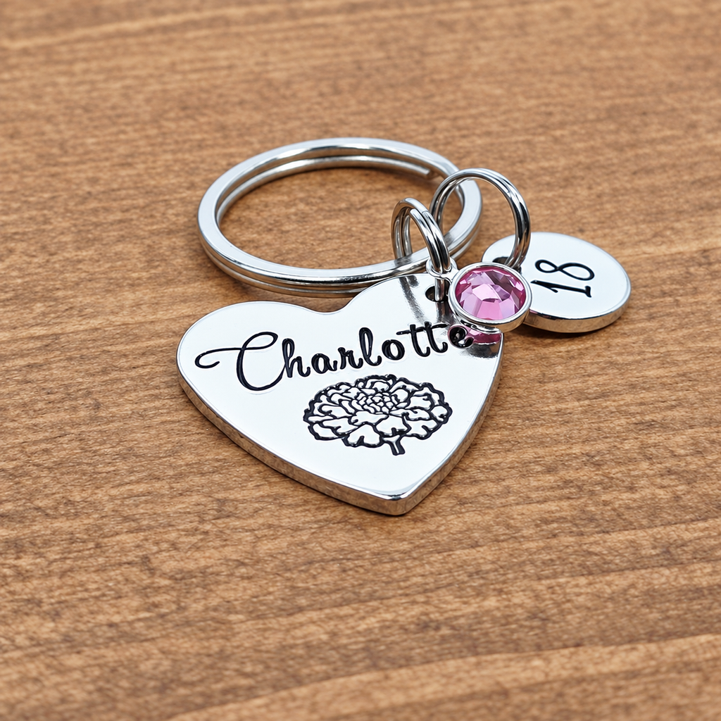 Personalised 18th Birthday Keyring with Birth Flower & Birthstone
