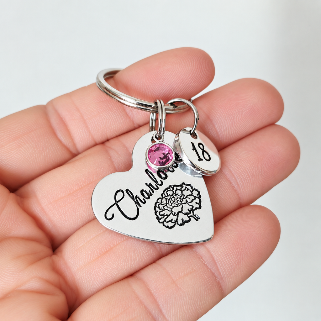 Personalised 18th Birthday Keyring with Birth Flower & Birthstone