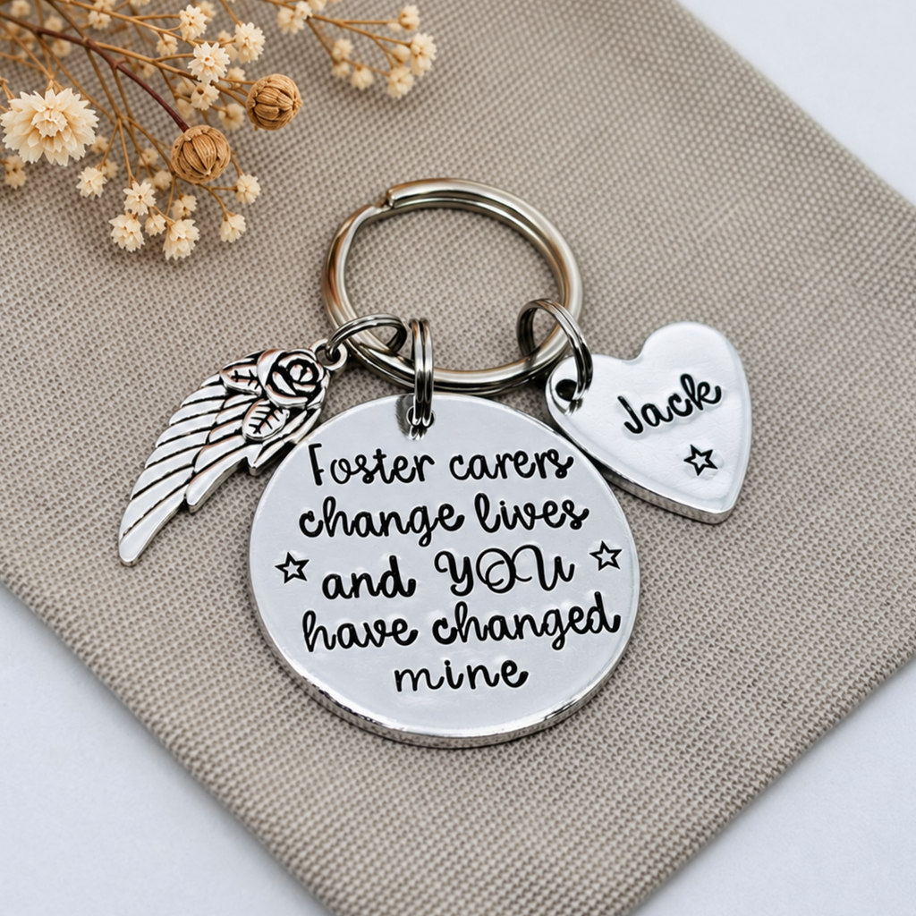 Hand stamped foster carer keyring with the message 'Foster carers change lives and you have changed mine'
