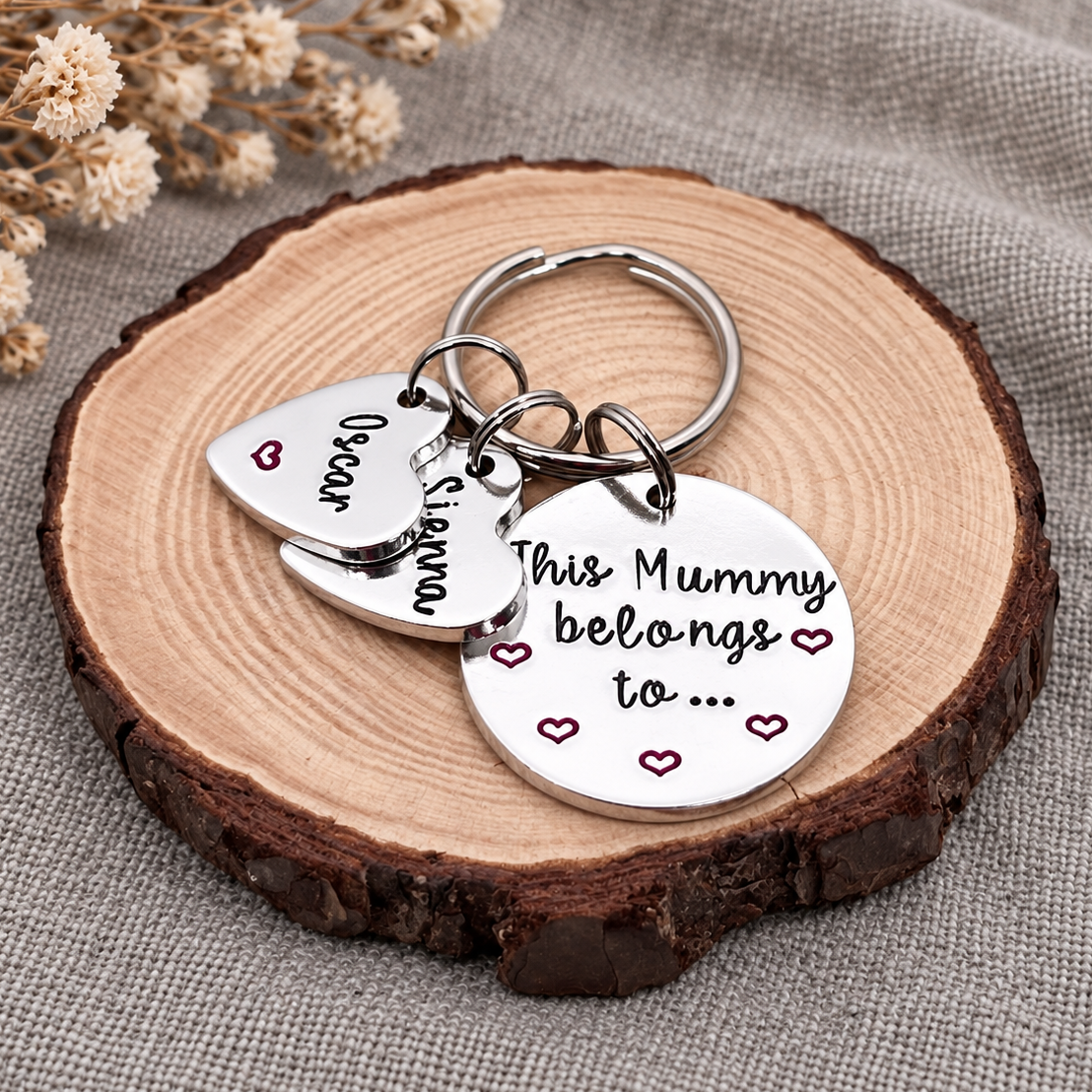 Personalised This Mummy Belongs To Keyring with Heart Name Tags