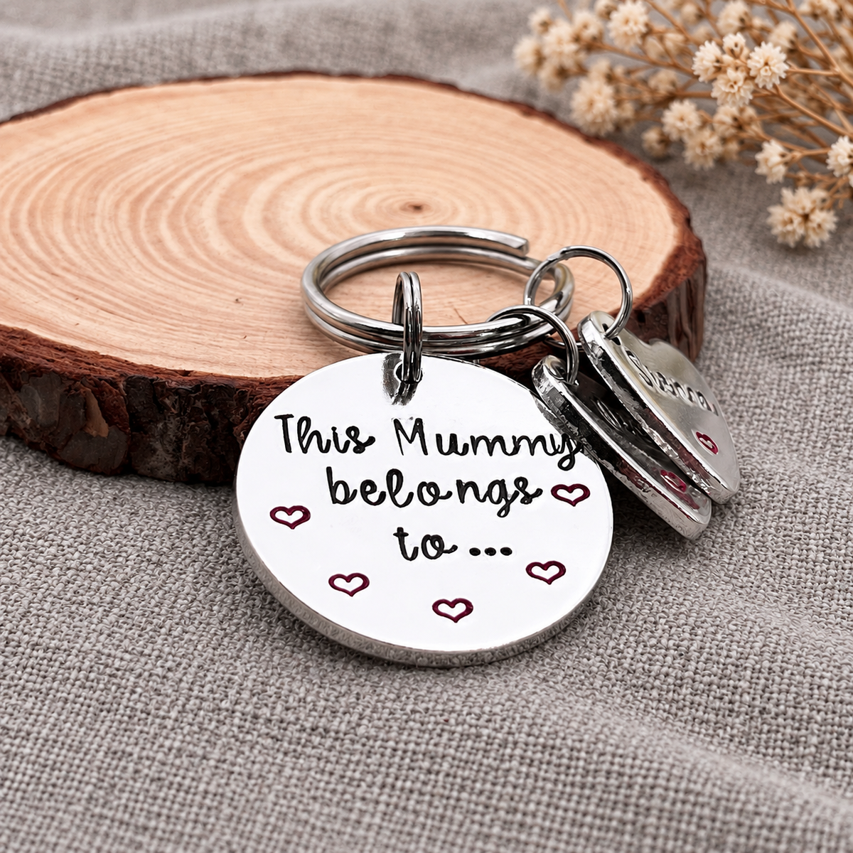 Personalised This Mummy Belongs To Keyring with Heart Name Tags