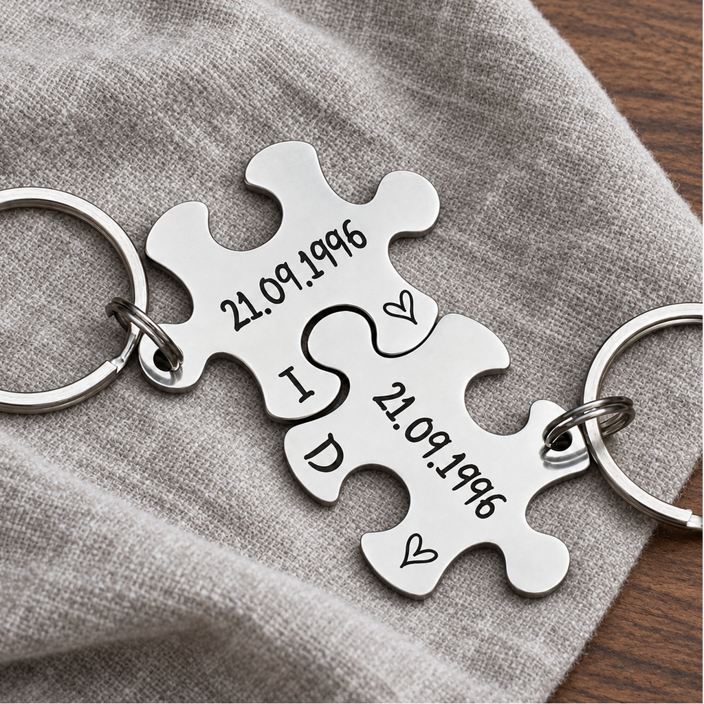 Interlocking puzzle keyrings engraved with 21.09.1996, initials I and D and outline hearts on grey fabric
