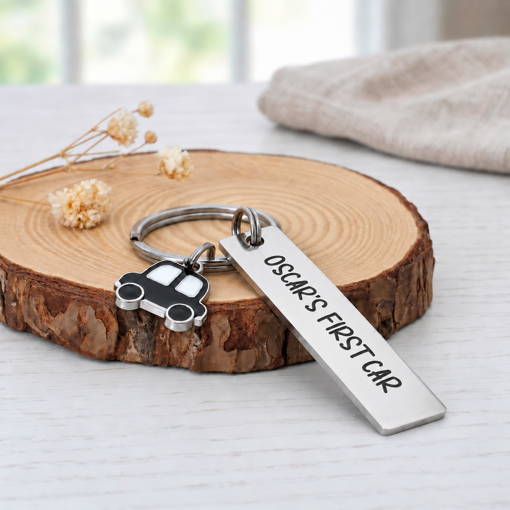 Personalised first car keyring with Drive safe xxx message and black car charm