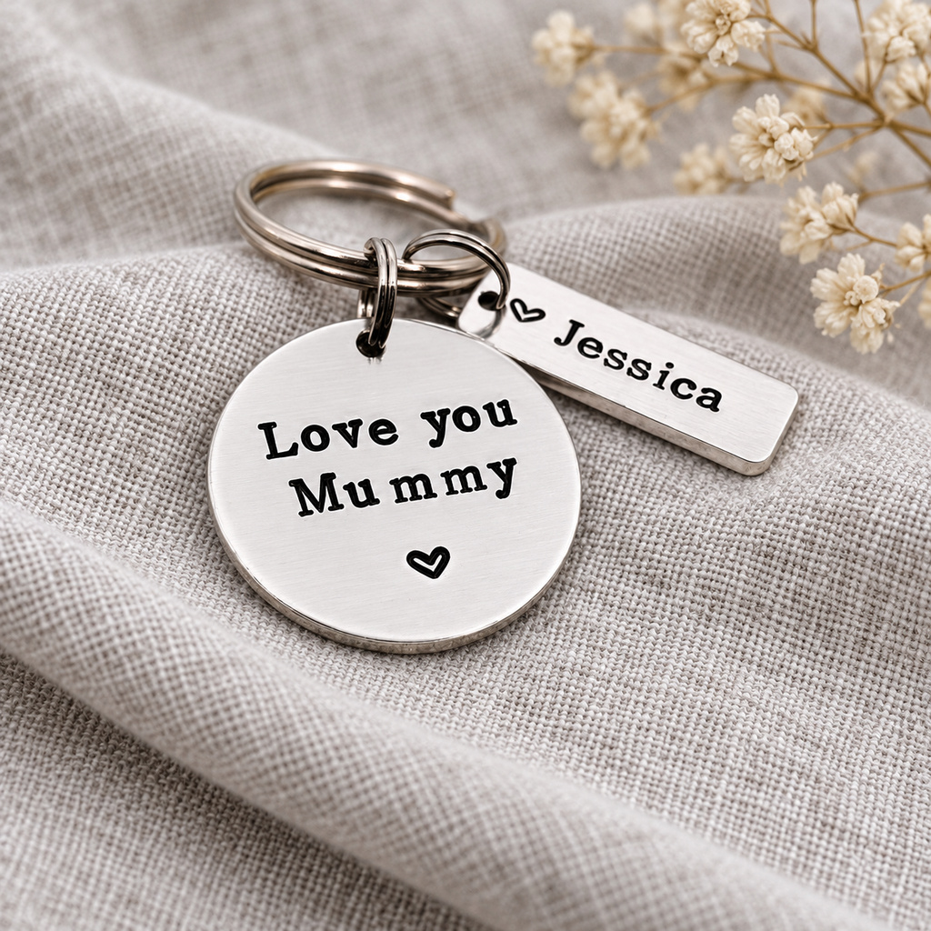 Personalised Love you Mummy keyring with a Jessica name tag, displayed on linen fabric with pale flowers behind