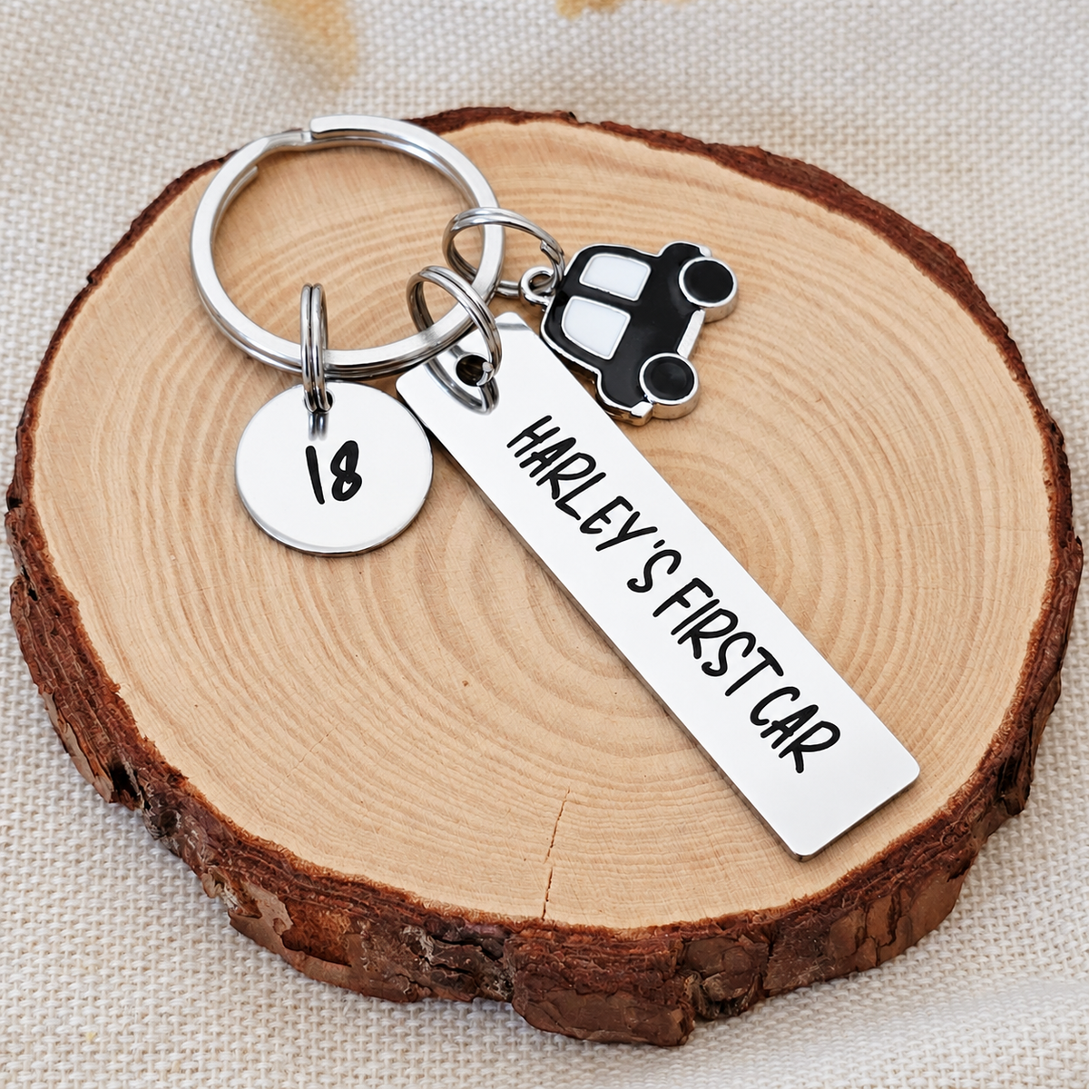 Personalised Harley's First Car keyring with an 18 age tag and black car charm
