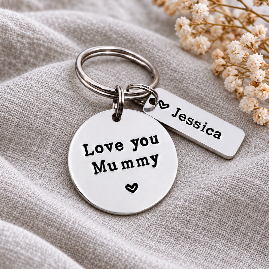 Close-up of a Love you Mummy keyring with a round message tag and a rectangular Jessica name tag on linen fabric