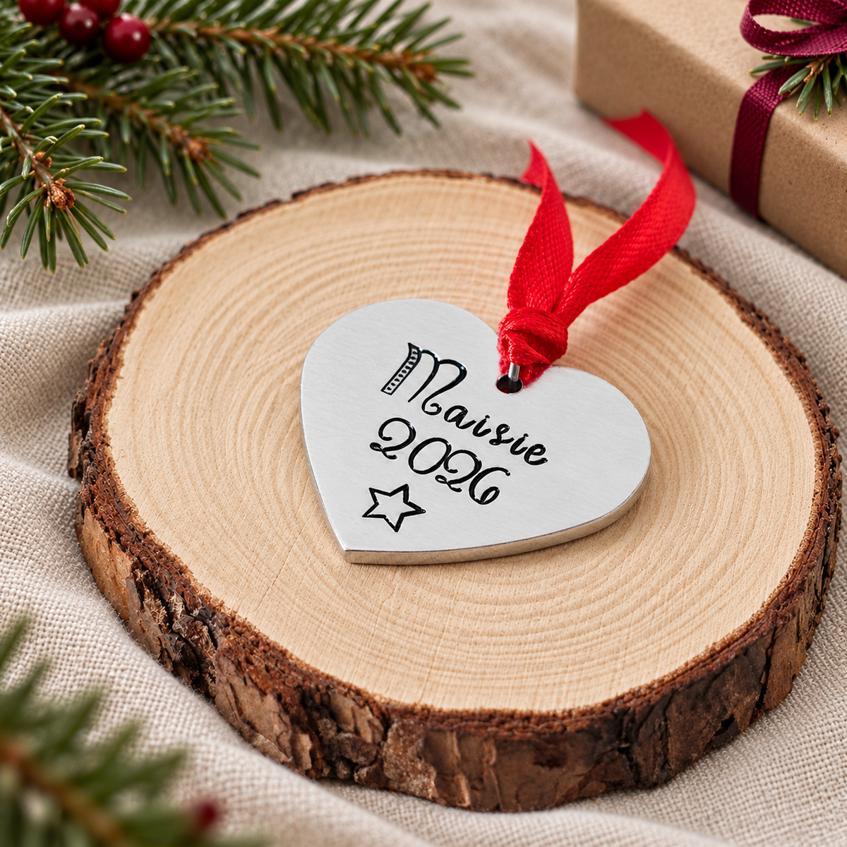 Angled view of a personalised Maisie 2026 heart Christmas decoration with a stamped star and red ribbon on a wood slice
