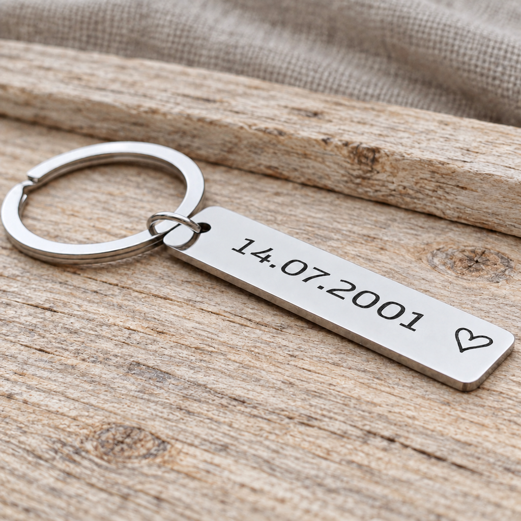 Angled close-up of a personalised date keyring with an outline heart on pale wood beside beige fabric
